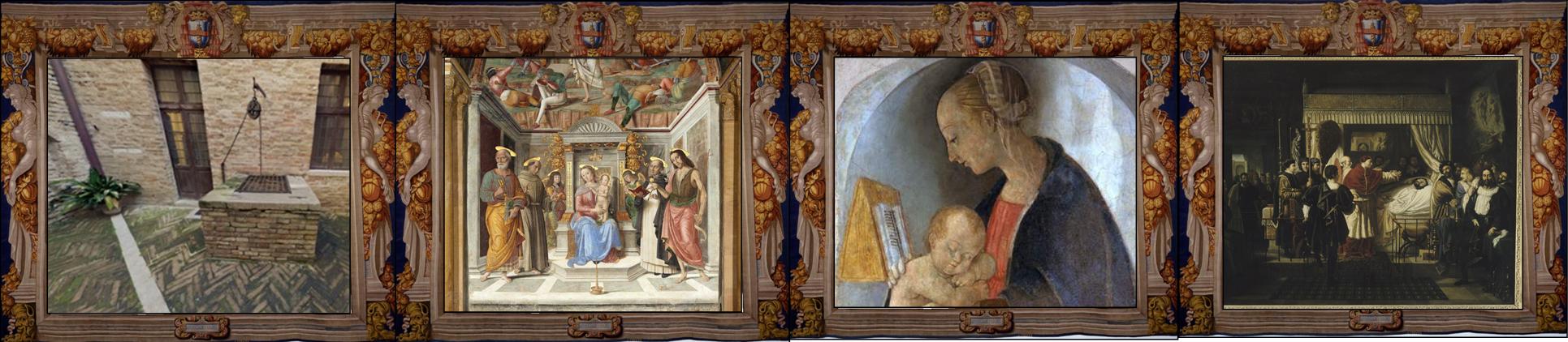 Cortile della casa di Raffaello a Urbino (www.casaraffaello.com);  Sacra Conversazione, Cappella Tiranni (part.) foto Alberto Mazzacchera CC BY-SA 3.0, ; La Madonna di casa Santi (part.)
Pierre-Nolasque Bergeret, Onori pagati a Raffaello dopo la sua morte (Honneurs rendus à Raphaël après sa mort), 1806 Rueil-Malmaison