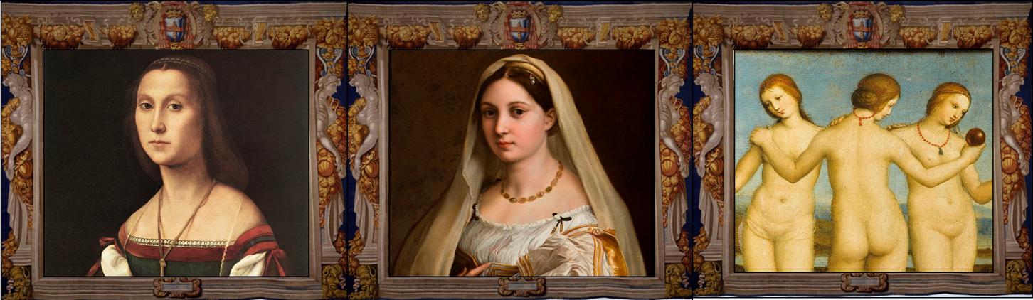 Ritratto di gentildonna (detto La Muta) 1507-1508, Urbino, Galleria Nazionale delle Marche, part.
La Velata 1505-1506, Firenze, Galleria Palatina, part.
Le Tre Grazie 1503-1504, Chantilly, Musée Condé, part.