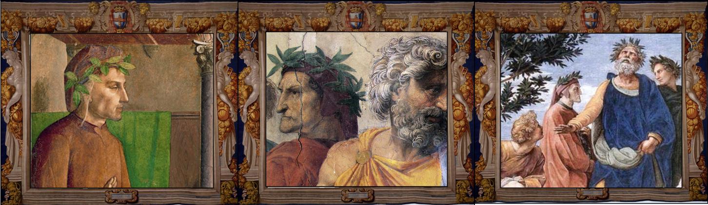 Giusto di Gand, Ritratto di Dante Alighieri 1472-1476, Parigi, Musée du Louvre, part.
Raffaello Sanzio, Stanza della Segnatura,  Disputa del Sacramento 1508-1509, Città del Vaticano, Musei Vaticani, dettaglio del volto di Dante
Raffaello Sanzio, Stanza della Segnatura, Parnaso 1510-1511, Città del Vaticano, Musei Vaticani, dettaglio con Dante
