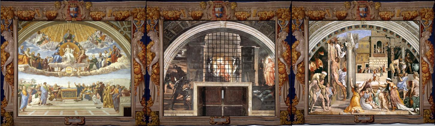 Stanza della Segnatura, La Disputa del Sacramento 1508-1511, Città del Vaticano, Palazzi Vaticani
Stanza di Eliodoro, La Liberazione di san Pietro 1511-1513/14, Città del Vaticano, Palazzi Vaticani
Stanza dell’incendio di Borgo, L’Incendio di Borgo 1514-1517, Città del Vaticano, Palazzi Vaticani