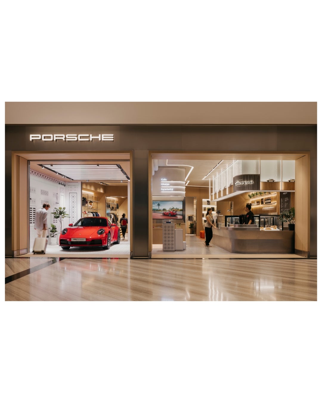 Retail store Porsche in Singapore - red Porsche 911 sports car - wood veneer interior design - Shinnoki Ivory Oak - Decospan