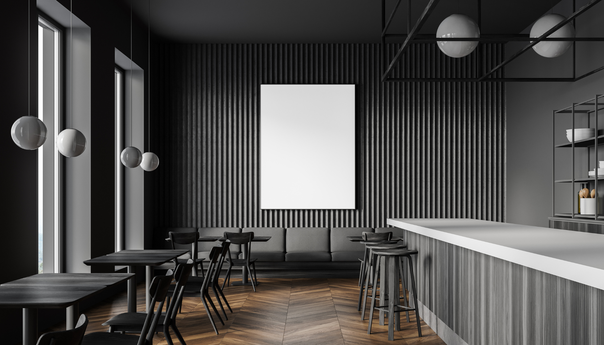 dark slats - black slats - grey slats - grey wood wall - grey wood - bar - grey wood bar - parquet - veneer - veneer floor