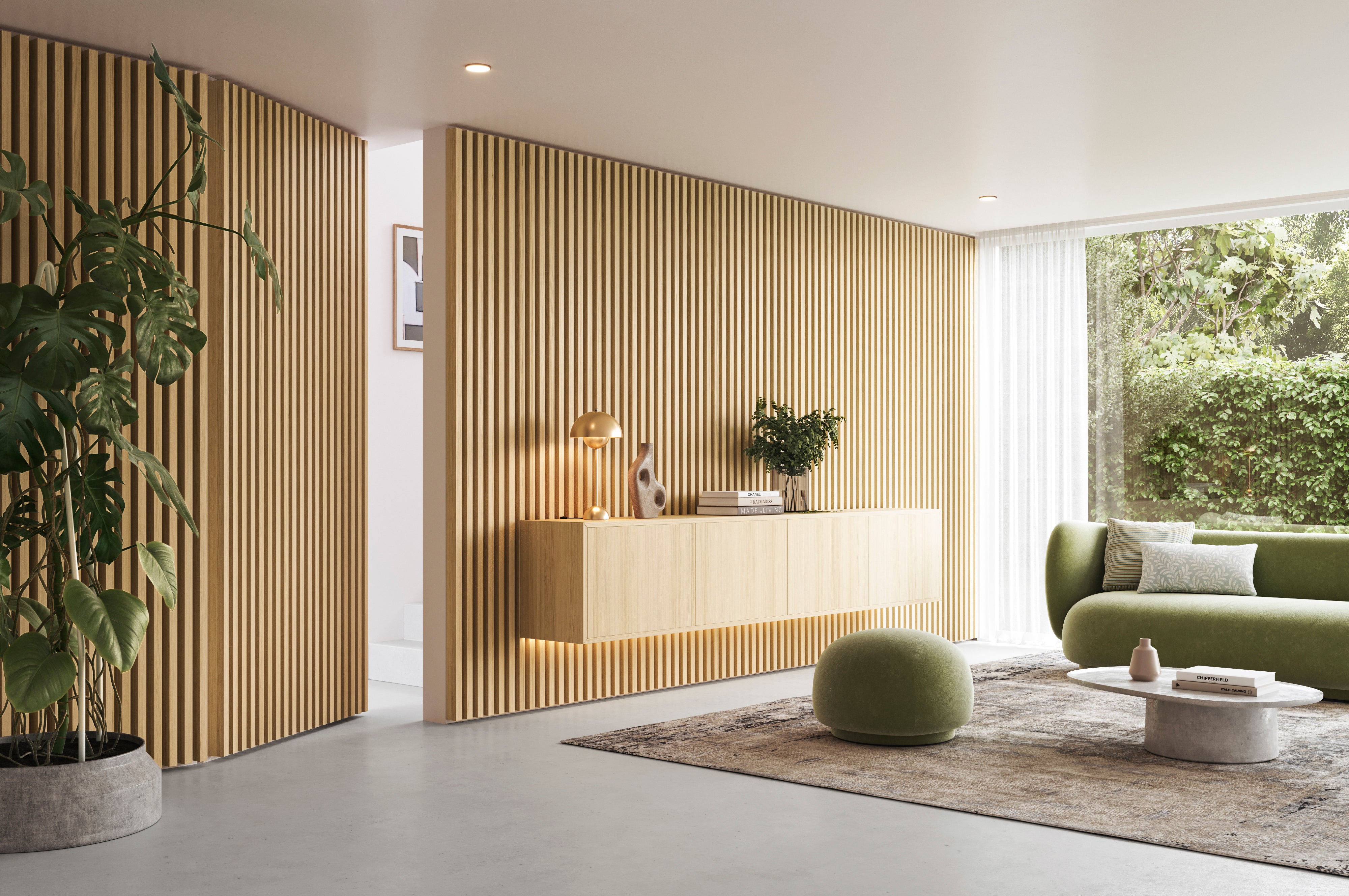 Interior with Astrata Slats - ivory oak - wood for walls