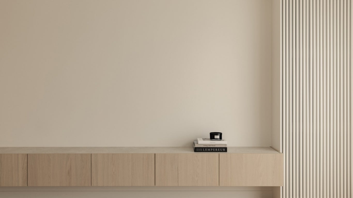 living room with wood veneer - shinnoki milk oak - interior design - cabinetry detail