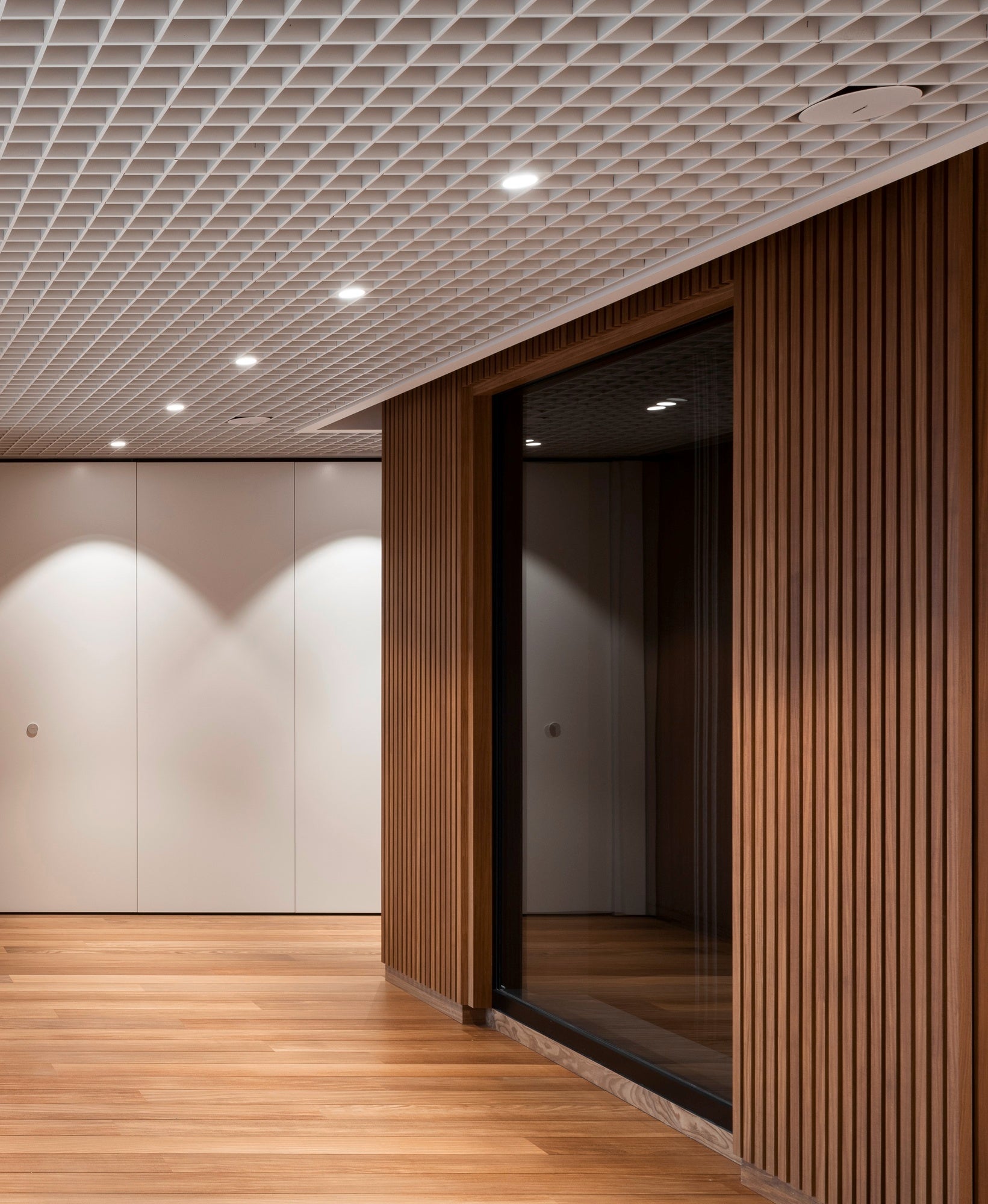 wooden slats - wood slats - wood interior - wood hall - wood in hall