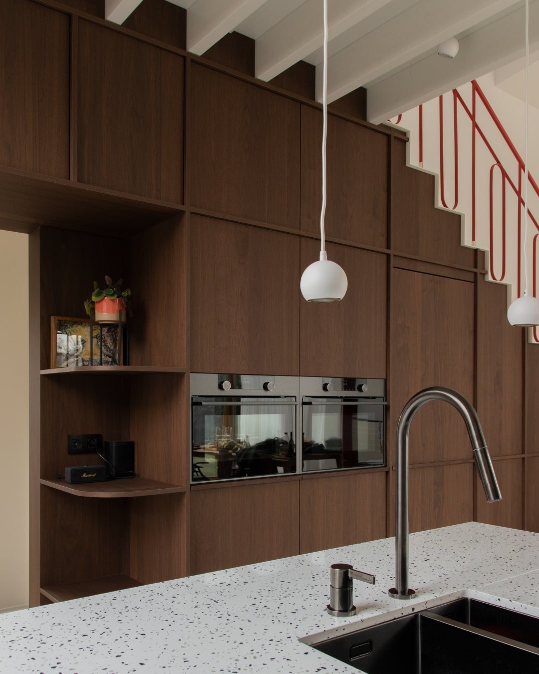 kitchen design - wood panels - cabinetry - wood veneer - shinnoki pure walnut - staircase