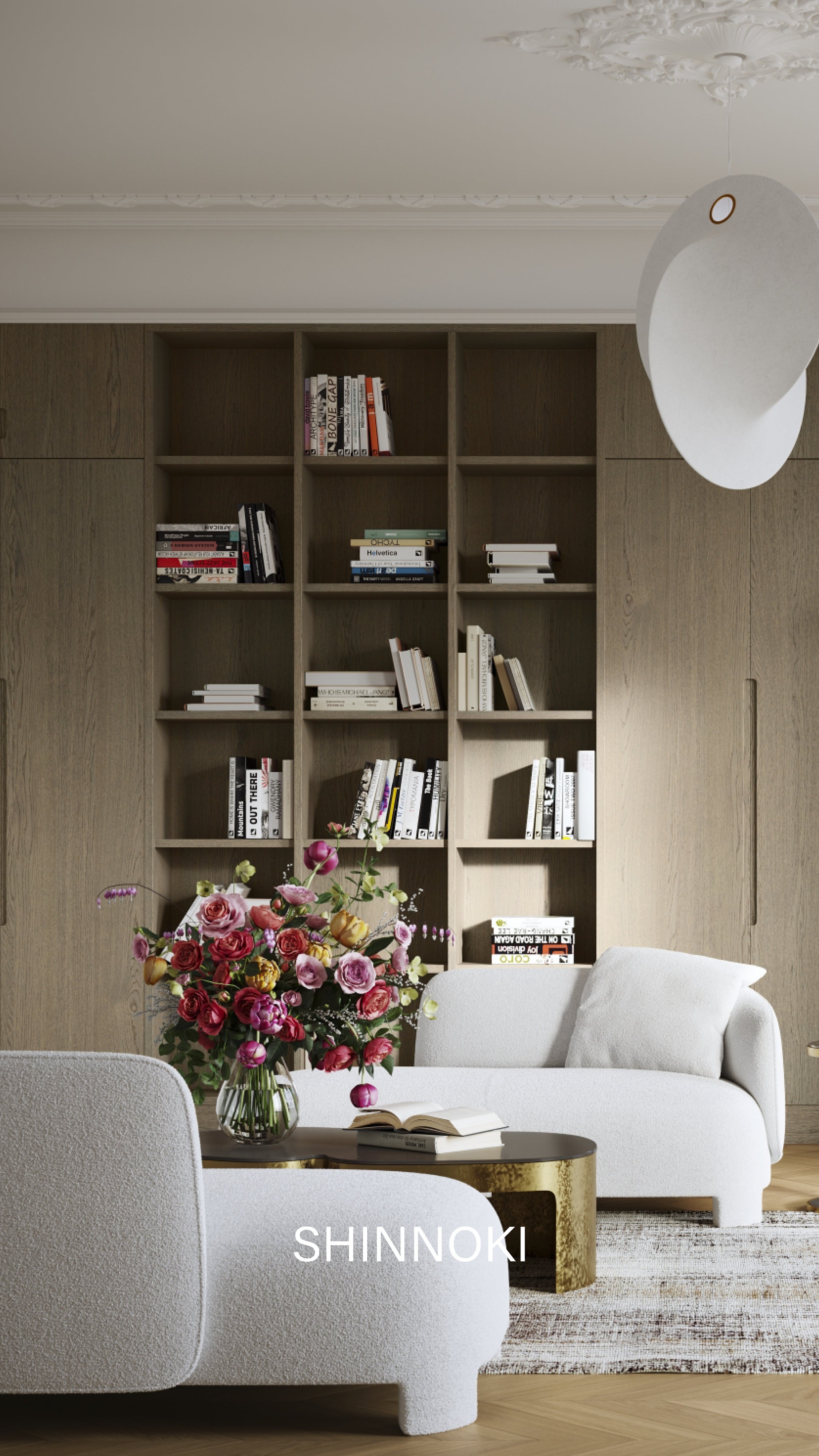 Living room with bookcase - wood veneer - Shinnoki collection - Decospan