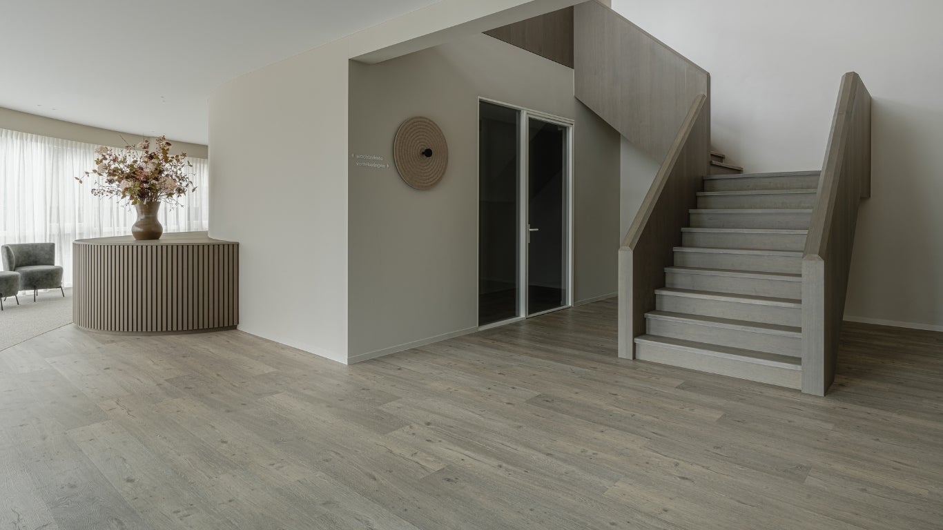 office interior design with wood veneer - shinnoki manhattan oak - entrance