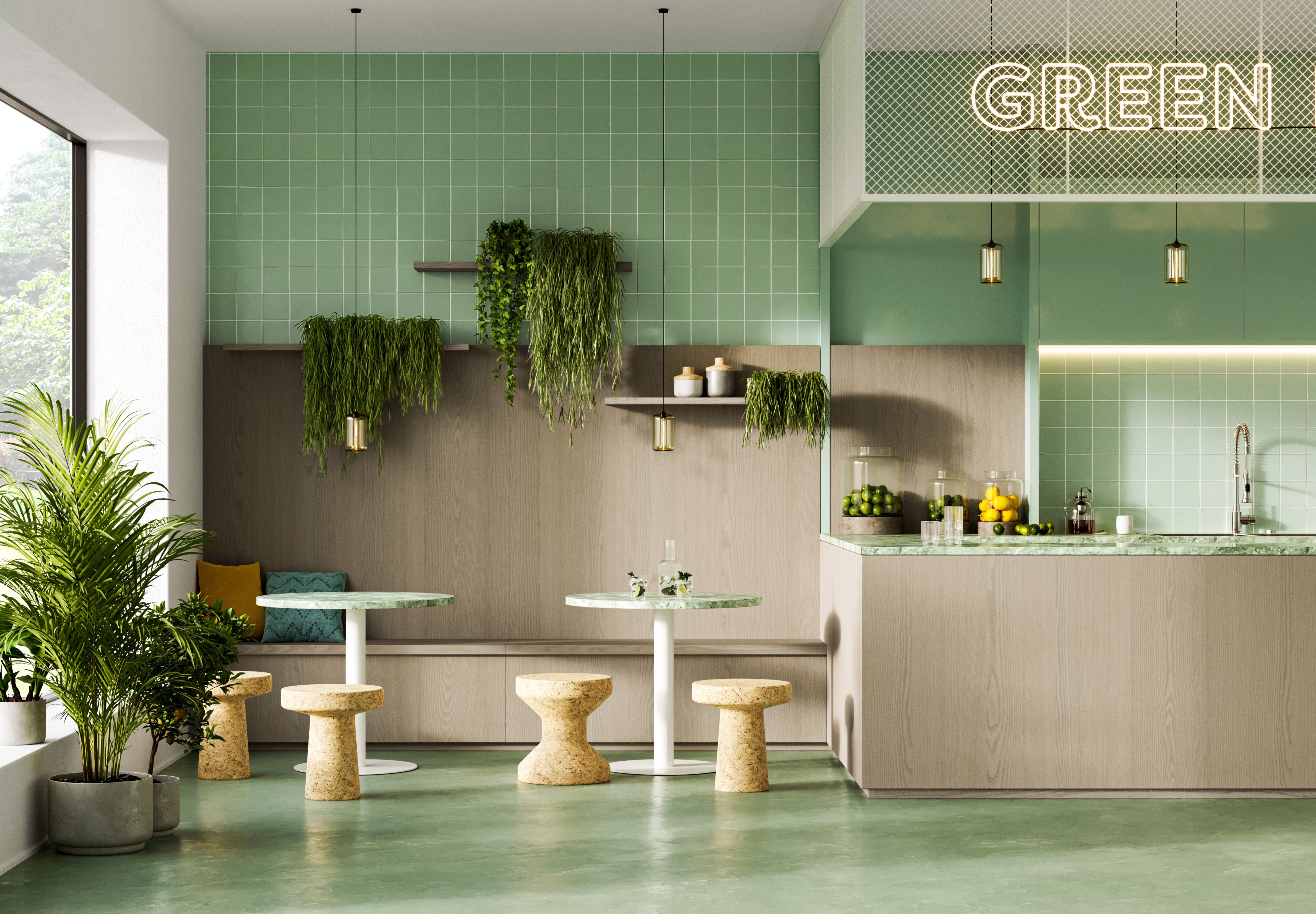 Aménagement intérieur d'un café avec Shinnoki Pebble Triba - placage bois