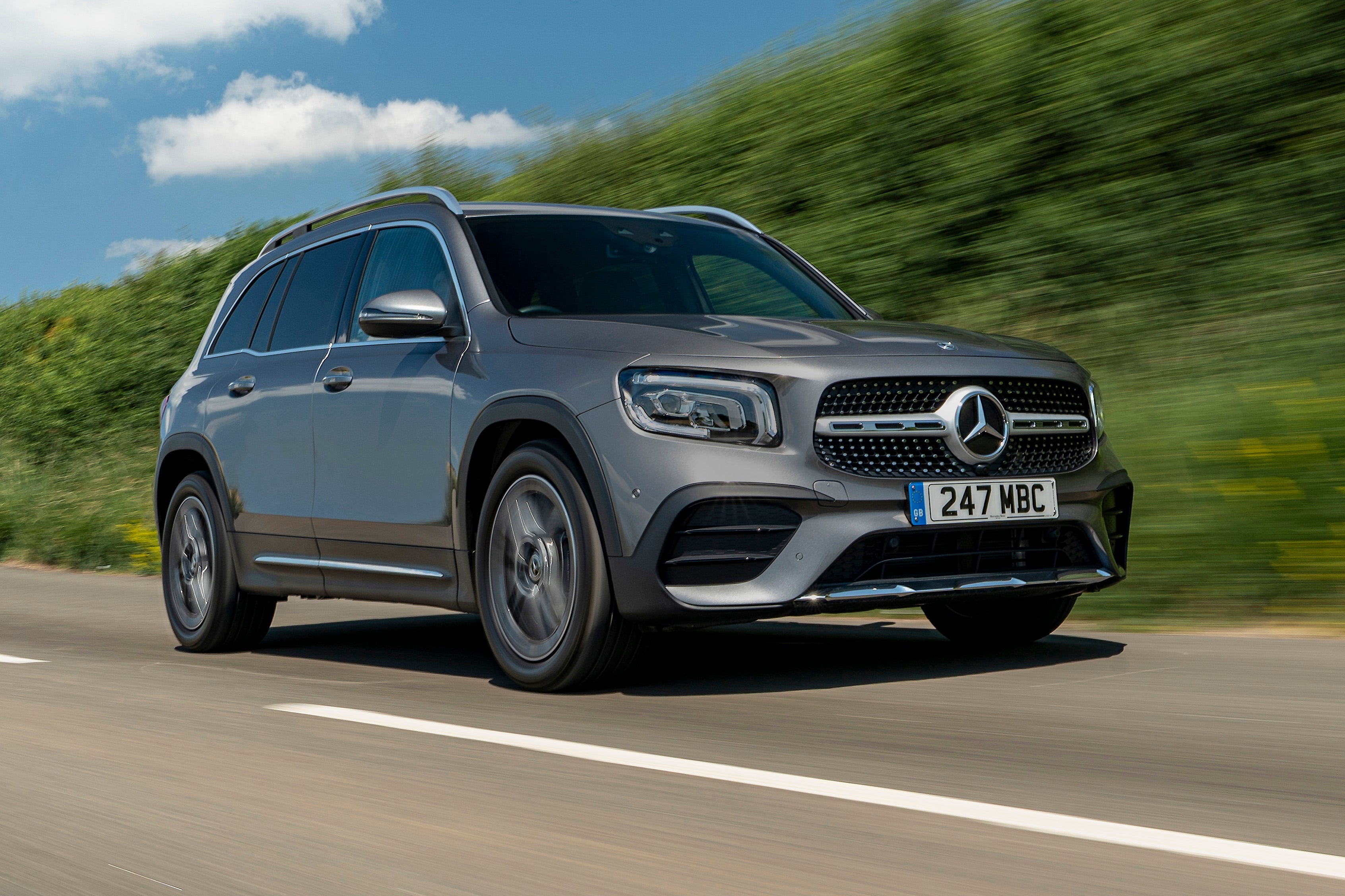 Mercedes GLB Review 2022: exterior front three quarter photo of the Mercedes-Benz GLB on the road