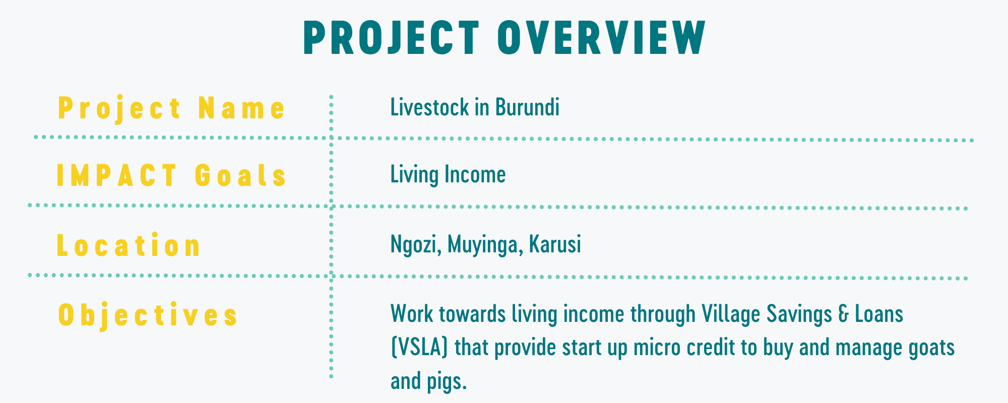 Project Name: Livestock in Burundi
IMPACT Goals: LIving Income
Location: Ngozi, Muyinga, Karusi
Objectives: Income for families increases by 60% in 6 months after the access to micro credit for livestock.