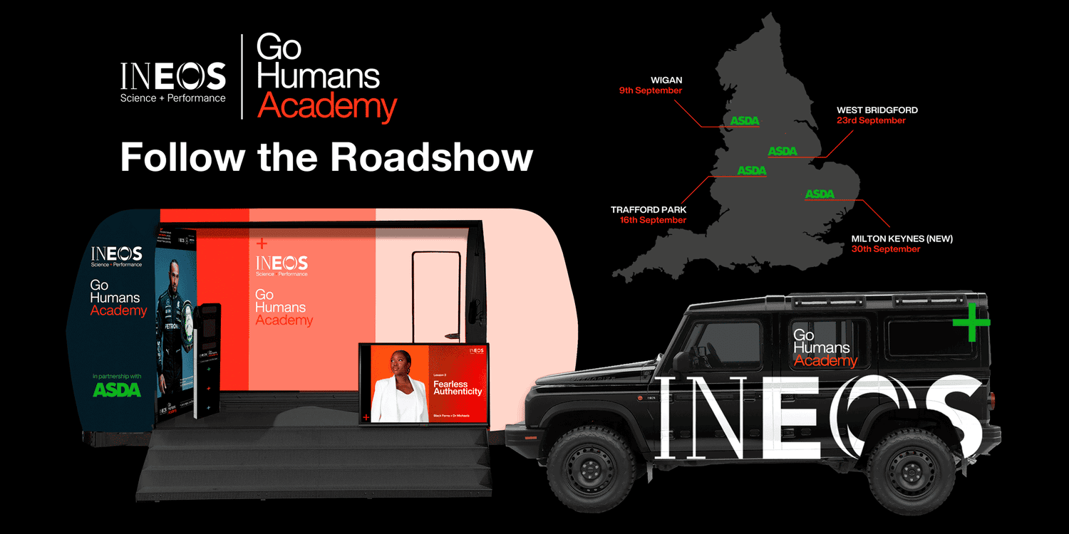 a banner advertising the go humans academy roadshow in black, white and green