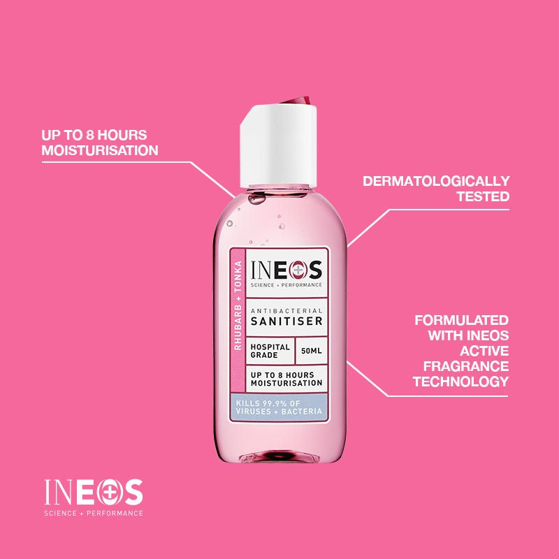 an annotated photo of the ineos hygienics rhubarb + tonka hand sanitiser