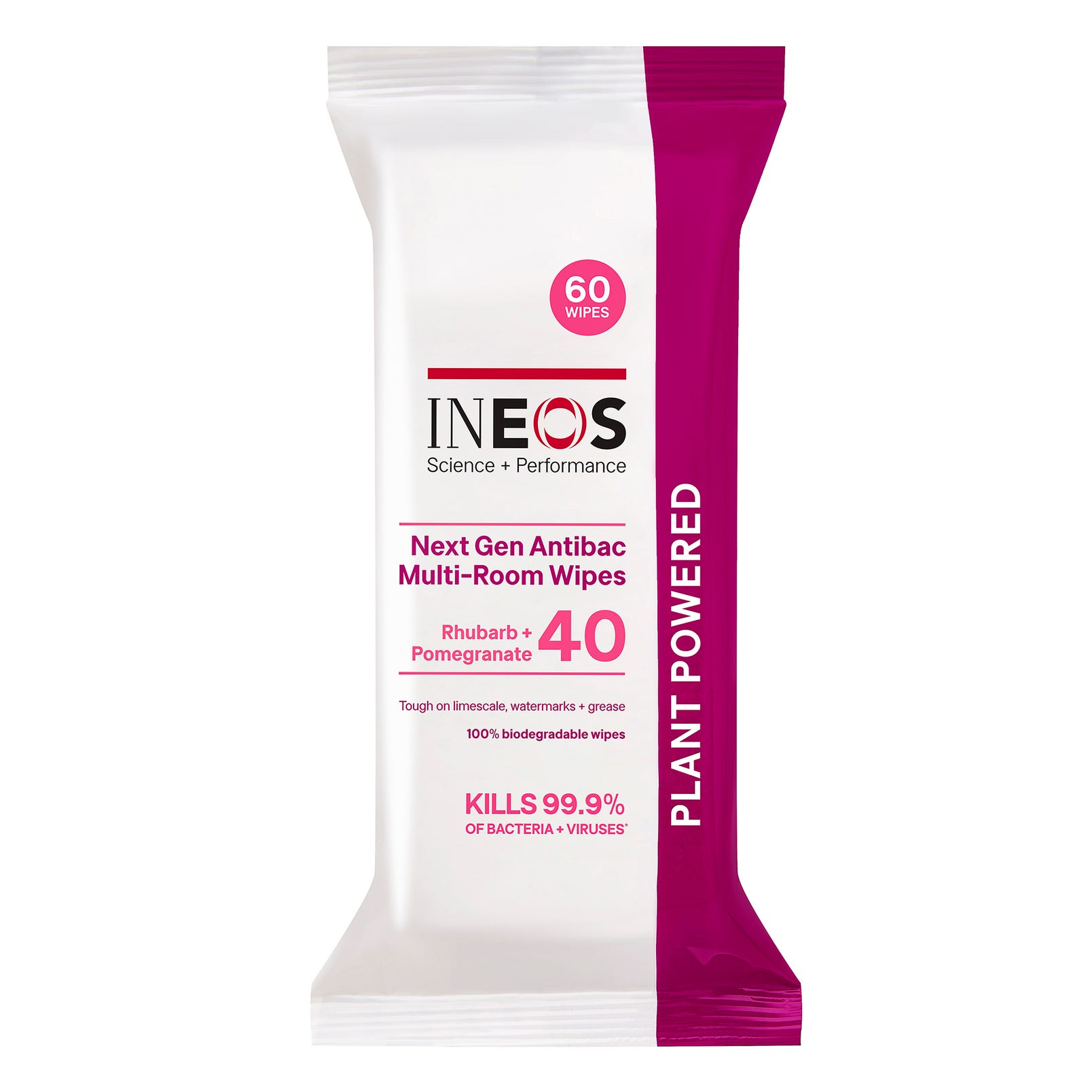 a photo of ineos hygienics rhubarb + pomegranate anti-bacterial wipes