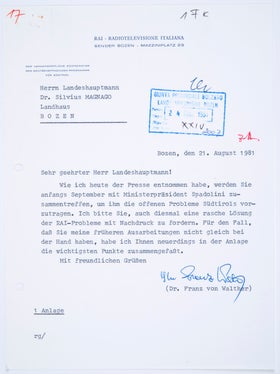 Lettera del coordinatore responsabile dei programmi in lingua tedesca per l'Alto Adige, Franz von Walther, al governatore provinciale Magnago sulle questioni aperte relative alla RAI Emittente di Bolzano, 1981 (Presidenza, n. 1124).