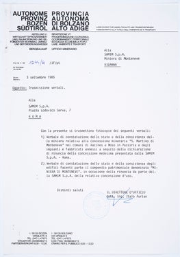 5a) Nel 1985, dopo la chiusura definitiva della miniera di Monteneve, fu eseguito un rilevamento dello stato e della consistenza degli impianti e delle contigue infrastrutture. (Ufficio innovazione industriale, n. 80)