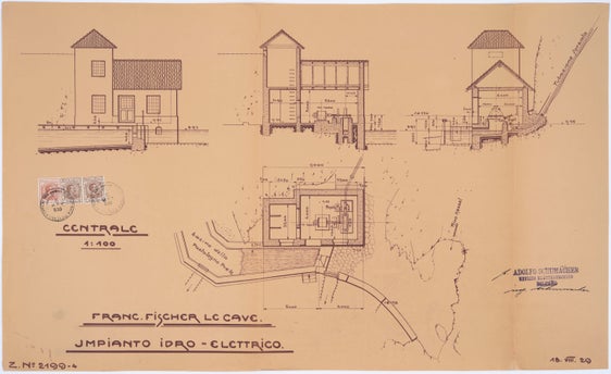 Franz Fischer, proprietario della locanda Sachsenklemme, dovette ottenere il permesso statale per costruire una piccola centrale elettrica. (Immagine: progetti per la costruzione della centrale, 1929). ApBz, Ufficio acque pubbliche, n. 126.