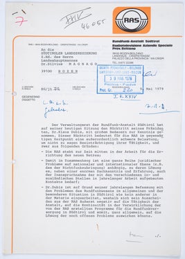 Schreiben von Vertretern der Rundfunkanstalt Südtirol (RAS) an Landeshauptmann Magnago zur Sendeabdeckung in Südtirol, 1979 (Präsidium, Nr. 1120).