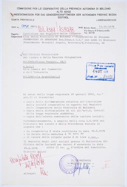 Lettera della Commissione provinciale per le cooperative circa l’iscrizione della Cooperativa di consumo ferrovieri di Brennero nel registro delle cooperative, 1978 (ApBz, Ufficio proprietà colt., cooperative soppr. n. 14)