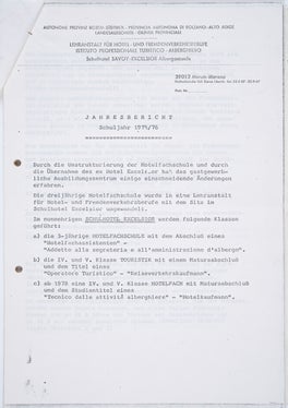 Dal rendiconto annuale per l’anno didattico 1975/76 dell’Istituto professionale turistico-alberghiero (presidenza II 7682)