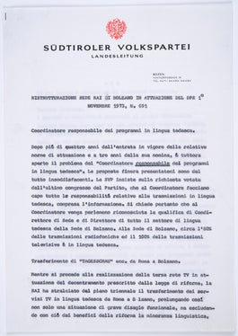 Pro Memoria der SVP-Landesleitung zu ausständigen Veränderungen am RAI-Sitz in Bozen, S. 1 (Nachlass Silvius Magnago, Nr. 299).