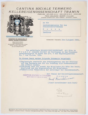 Domanda d’iscrizione nel registro delle cooperative della Cantina sociale di Termeno indirizzata alla Commissione provinciale per le cooperative, 1954 (ApBz, Ufficio proprietà colt., cooperative soppr. n. 16)