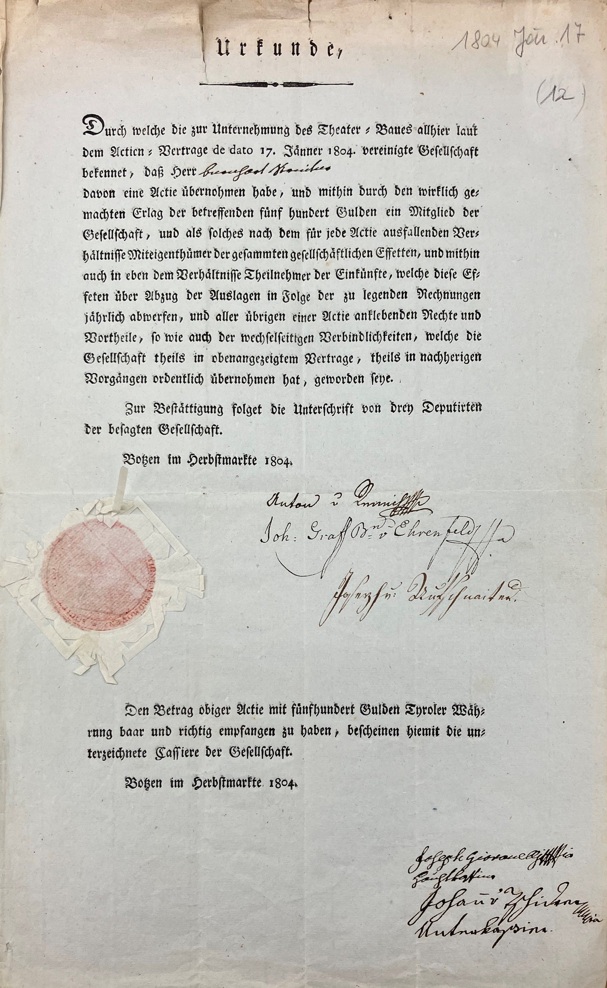 Einer der Aktionäre war Bernhard Dominikus Streiter (1755-1809), Schwager Johann Anton von Kager, des damals regierenden Bürgermeisters von Bozen und Vater des späteren Bozner Bürgermeisters Josef Streiter.
Südtiroler Landesarchiv, Nachlass Streiter, Bernhard Dominikus Streiter, Privates, Karton 2, 6.