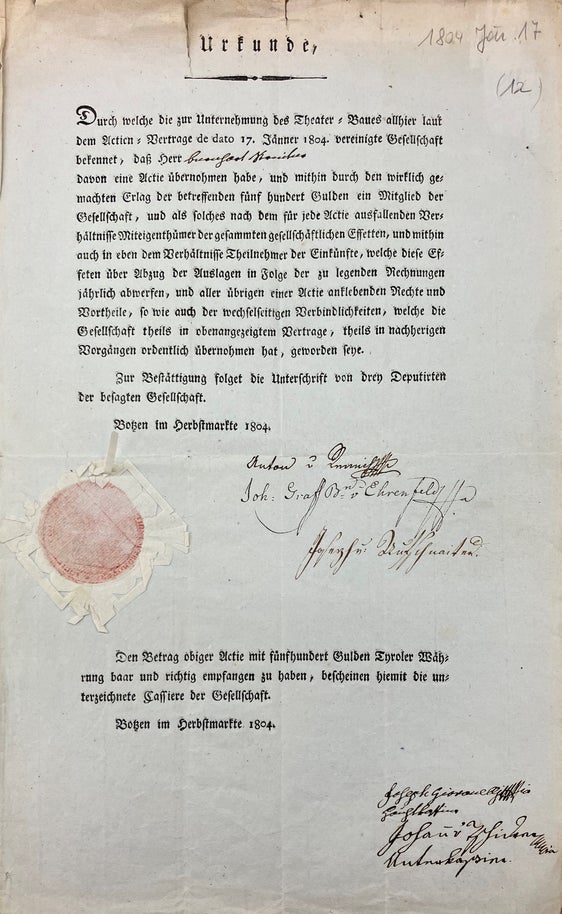 Einer der Aktionäre war Bernhard Dominikus Streiter (1755-1809), Schwager Johann Anton von Kager, des damals regierenden Bürgermeisters von Bozen und Vater des späteren Bozner Bürgermeisters Josef Streiter.
Südtiroler Landesarchiv, Nachlass Streiter, Bernhard Dominikus Streiter, Privates, Karton 2, 6.