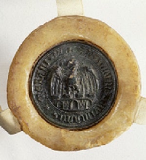 Das jüngere große Siegel der Stadt Meran an einer Urkunde von 1417, Foto: Südtiroler Landesarchiv, 2001