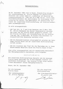 Erste Seite des Vertragsprotokolls über den Archivalientransfer vom Staatsarchiv Bozen ins Südtiroler Landesarchiv. (SLA, Amtsarchiv, Nr. 32)