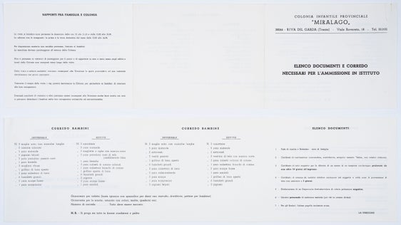 Elenco documenti e corredo necessari per l'ammissione in istituto, circa 1965 (Ufficio famiglia, donna e gioventù n. 4459)