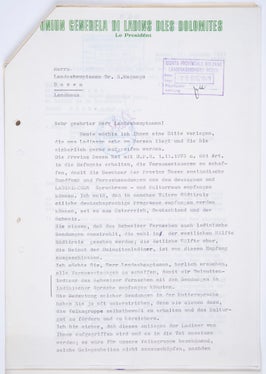 Lettera del presidente dell'Uniun Generela di Ladins dles Dolomites in merito alla ricezione nelle valli ladine di trasmissioni radiofoniche e televisive straniere dalle zone di lingua tedesca e retoromancia, 1975 (Presidenza, n. 1116).