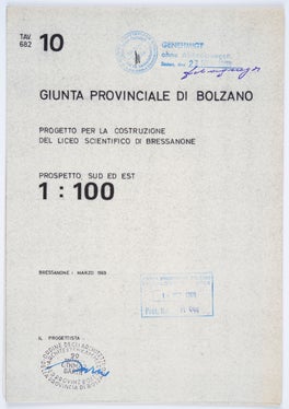 Prospetti del liceo scientifico J. P. Fallmerayer a Bressanone, progettato dall'architetto Othmar Barth e finanziato dalla Giunta provinciale, 1969 (Archivio Othmar Barth, n. 323)