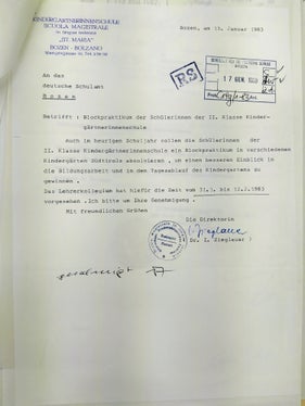 Lettera inerente tirocini destinati alle studentesse della scuola magistrale, 1983. ApBz, Intendenza scolastica tedesca, n. 1055.