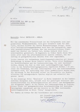 Im April 1973 appellierte der HGV-Präsident Artur Eisenkeil an die SVP-Mitglieder in der Landesregierung, die Angliederung des Hotels „Excelsior“ an das Schulhotel „Savoy“ Meran voranzutreiben (Präsidium neu 7682)