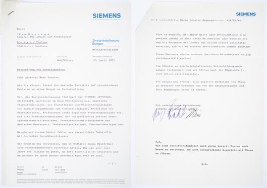 Lettera di reclutamento della “Siemens AG” per lavoratori altoatesini, 1971 (lascito Silvius Magnago, n. 1223).