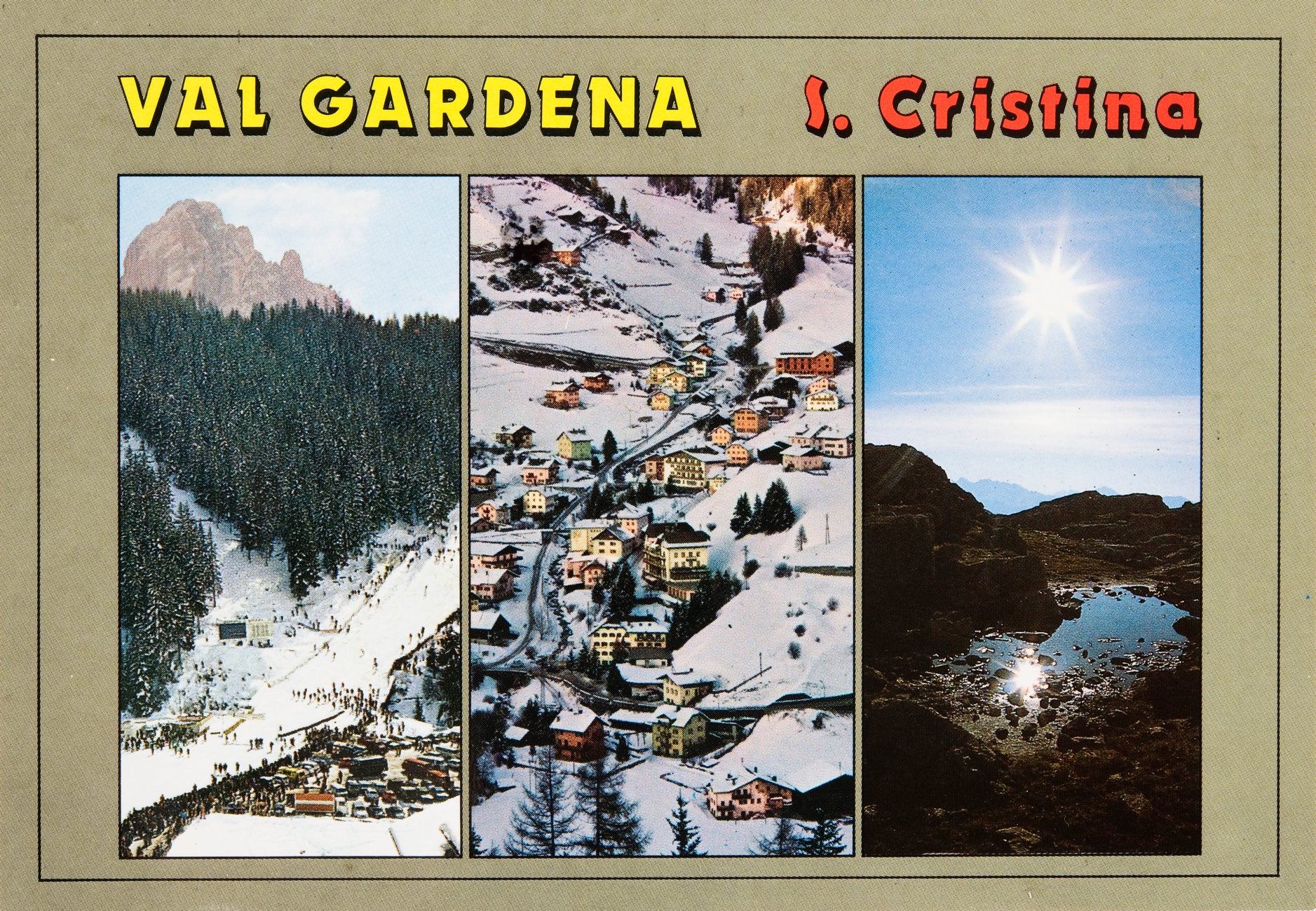 Der Tourismus trug entscheidend zum wirtschaftlichen Aufschwung Südtirols bei, veränderte jedoch auch die Landschaft entscheidend (Bild: Ansichtskarte von St. Christina mit der 1969 erbauten Skipiste Saslong). SLA, Sammlung Schlern Verlag, Nr. 