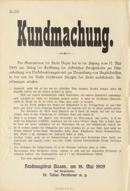 Kundmachung zur Eröffnung der elektrischen Straßenbahn, Südtiroler Landesarchiv, Archiv der Etschwerke, Pos. XX.13