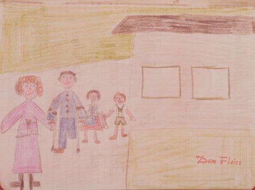 Il disegno realizzato da un bambino che raffigura l'inaugurazione della scuola materna di Aslago (al centro il P.Prov. Magnago), 1980. ApBz, raccolta Silvius Magnago, archivio fotografico, n. 155.