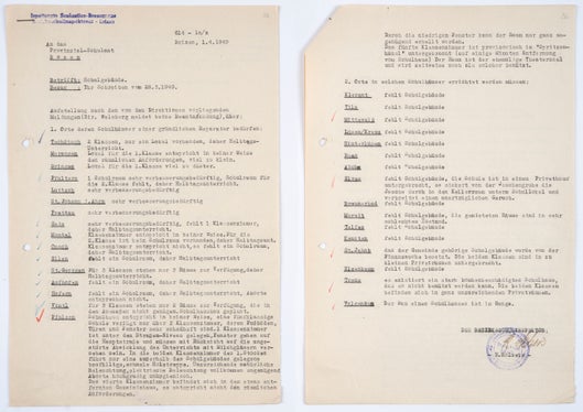 Bericht des Brixner Bezirksschulinspektors Holzeis an das Provinzial-Schulamt über die in einigen Orten völlig ungenügenden Schulgebäude im oberen Eisacktal und Pustertal, 1949 (Deutsches Schulamt, Nr. 1608 Schulbauten)