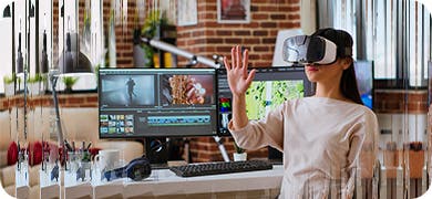 Image of a woman wearing VR headset, interacting with AI-driven content.