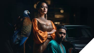 Image: Influential woman and Indian male influencers, symbolizing diversity and importance in marketing, accompanied by an eagle signifying strength and impact.