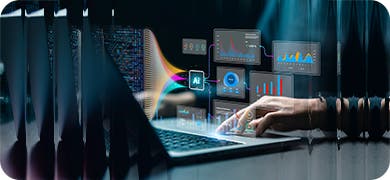 Image depicting a female hand on a laptop with virtual charts above the device.