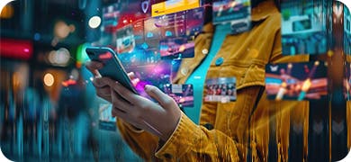 Image showing a person holding a mobile phone with graphics illuminating from the screen.