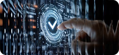 Image of a hand pressing a virtual button to signify AI gatekeepers.