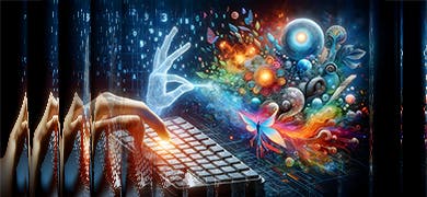 Illustration showing hands, waves and colourful circular patterns to depict creativity redefined.