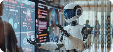 Image depicting a robot pressing functions on virtual screens.