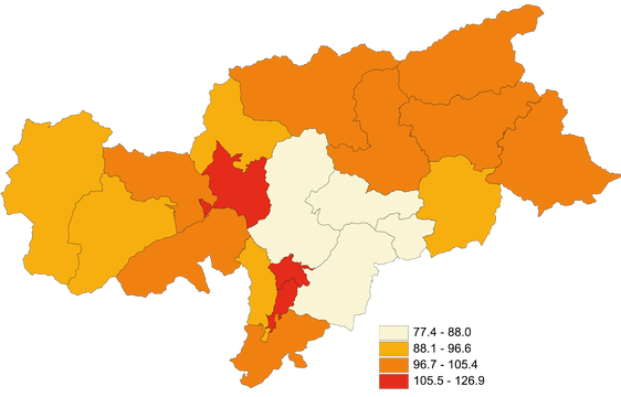 Bruttoausgaben pro Kopf für Medikamente der Wohnbevölkerung nach Gesundheitssprengel (Werte in Euro)