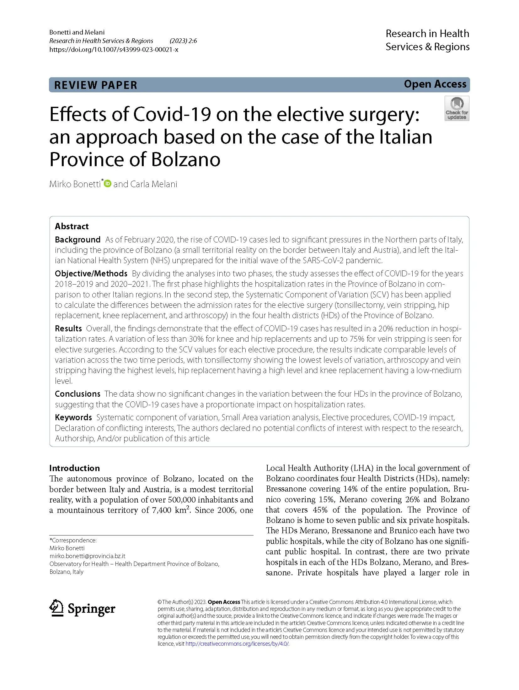 Effects of Covid-19 on the elective surgery: an approach based on the case of the Italian Province of Bolzano (anno di pubblicazione 2023)
