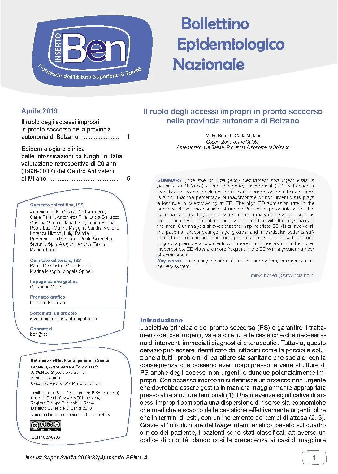 Il ruolo degli accessi impropri in pronto soccorso nella provincia di Bolzano (anno di pubblicazione 2019)